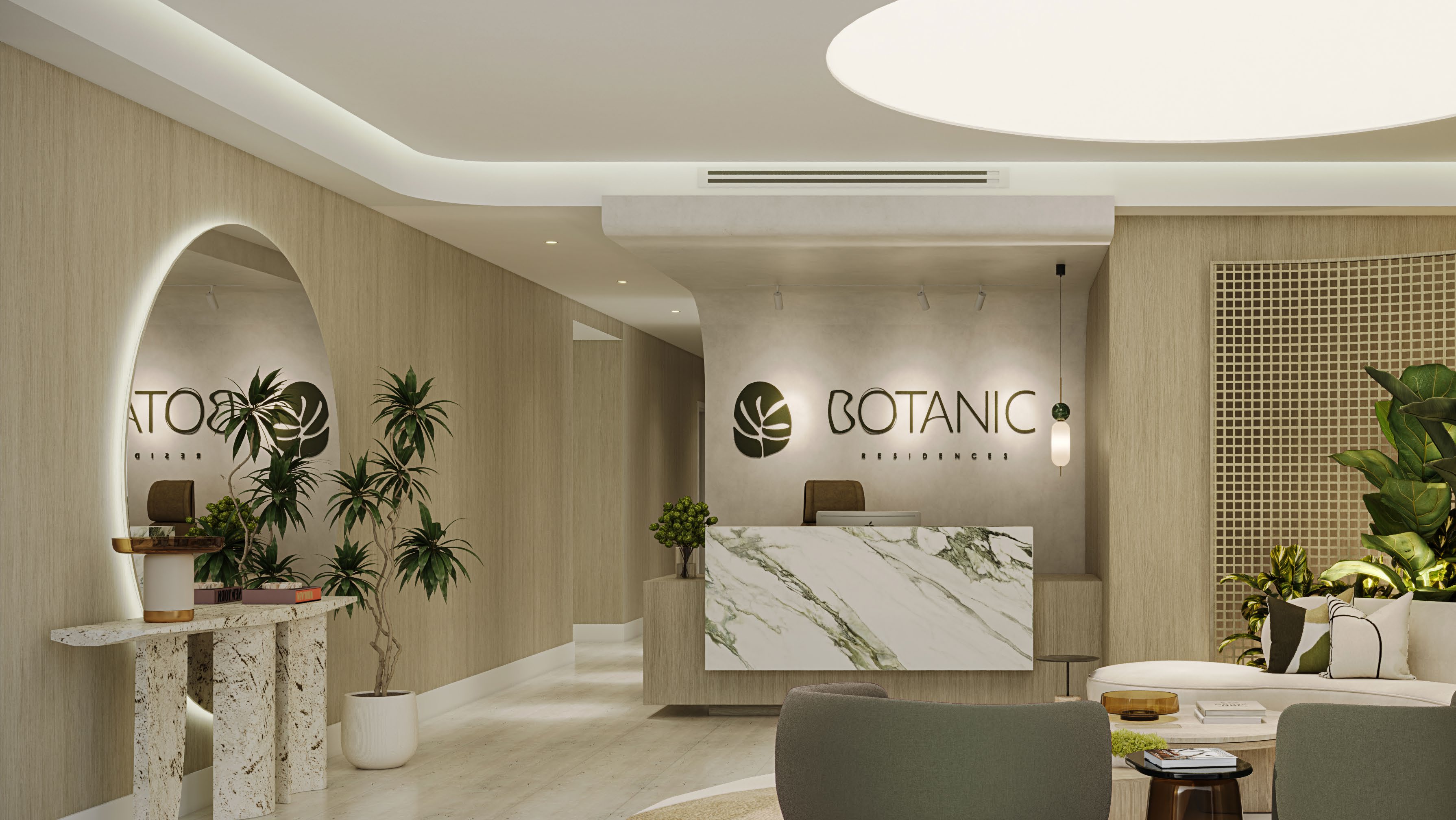 Render oficial del lobby de Botanic Residences