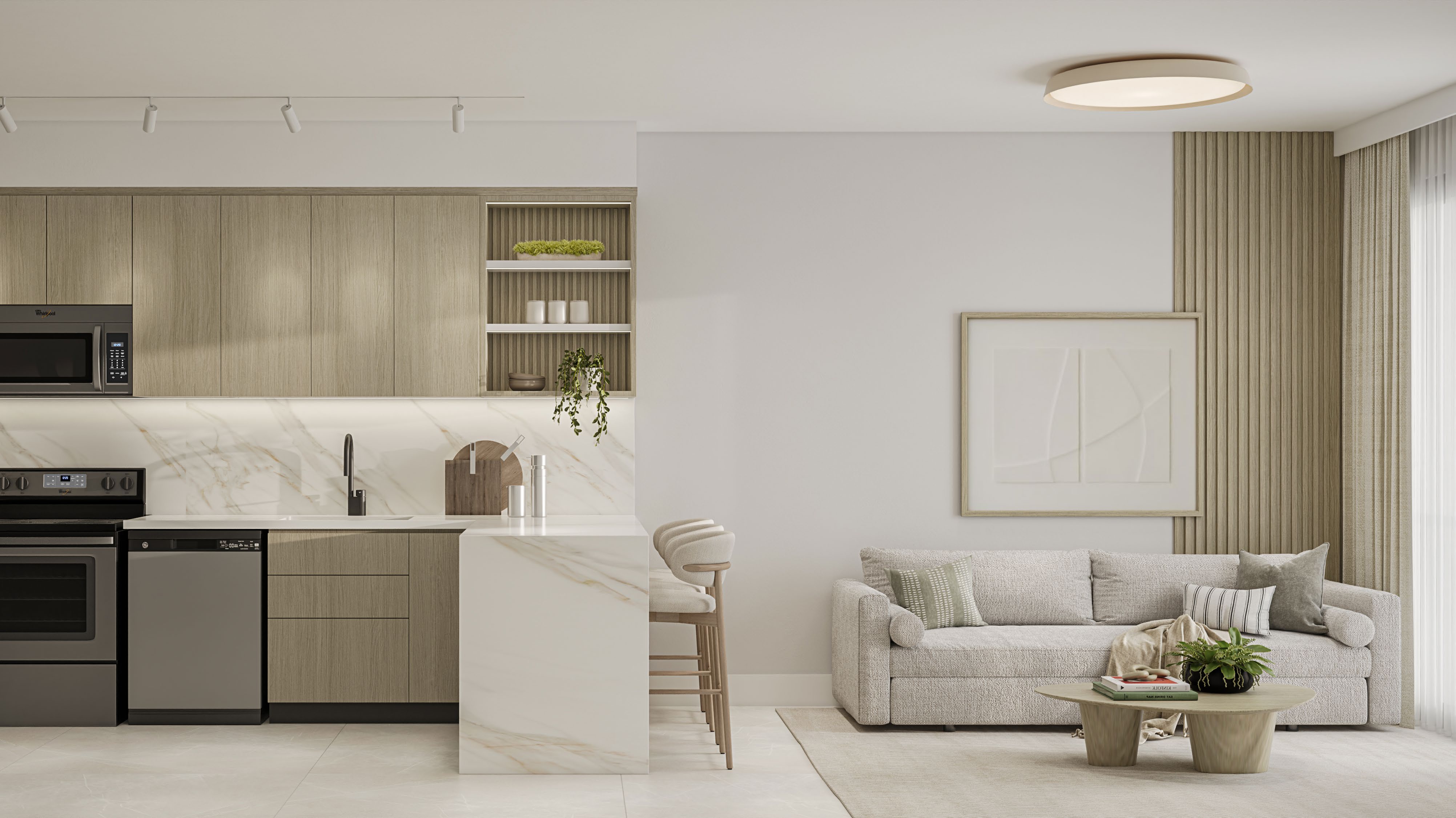 Render oficial del interior de una residencia de Botanic Residences