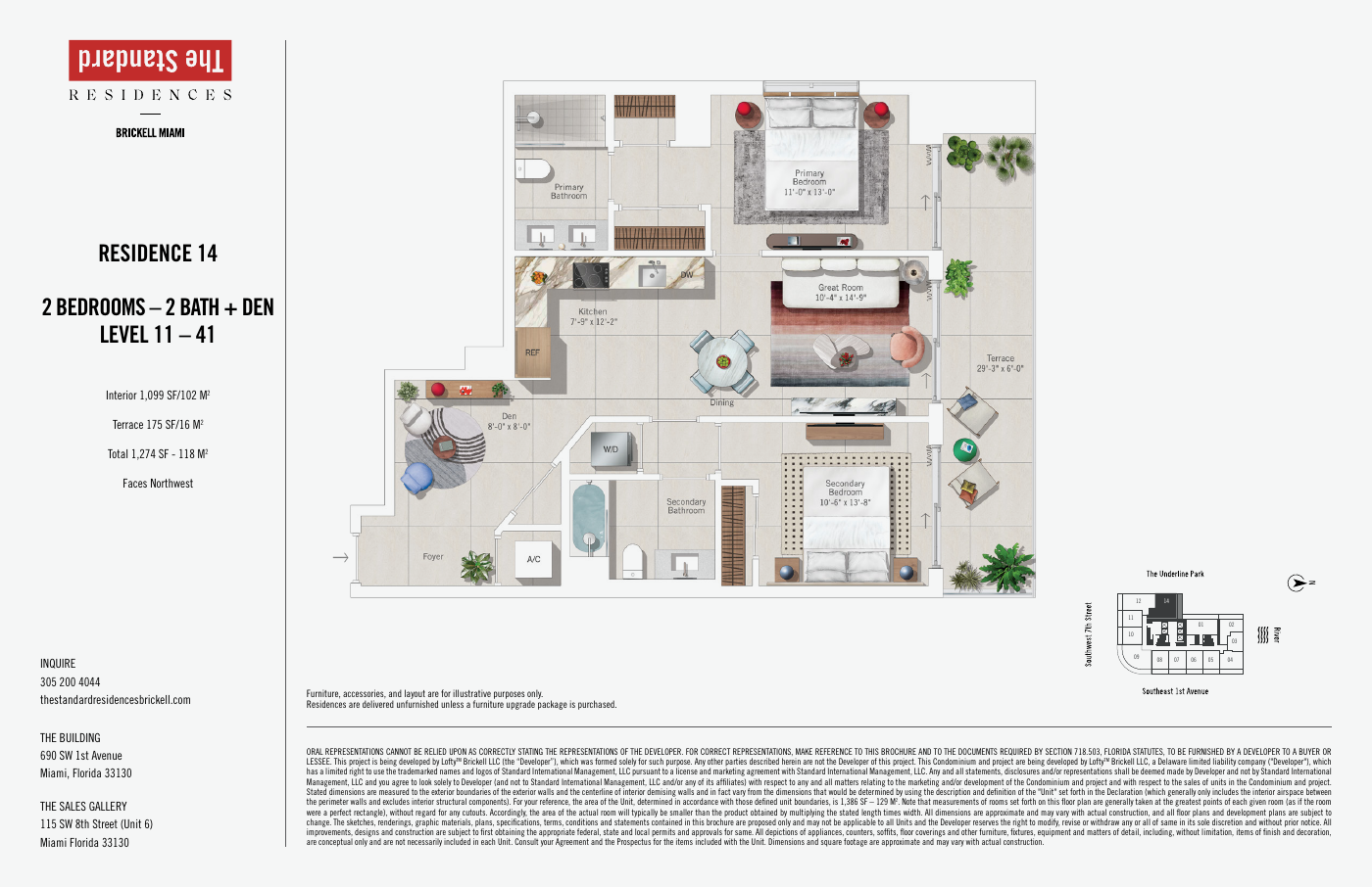 Plano oficial: 2 dormitorios + den · unidad 1214 · plano 14, The Standard Residences Brickell
